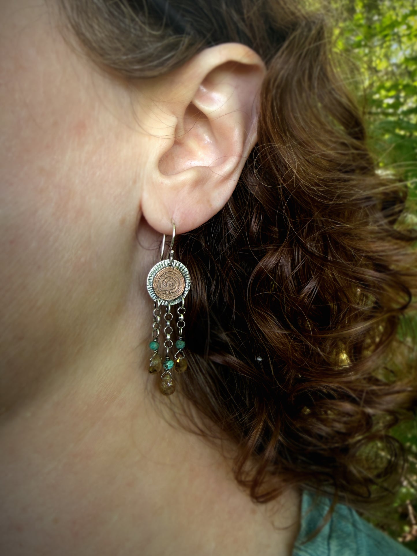 Labyrinth Earrings with Turquoise and Garnet