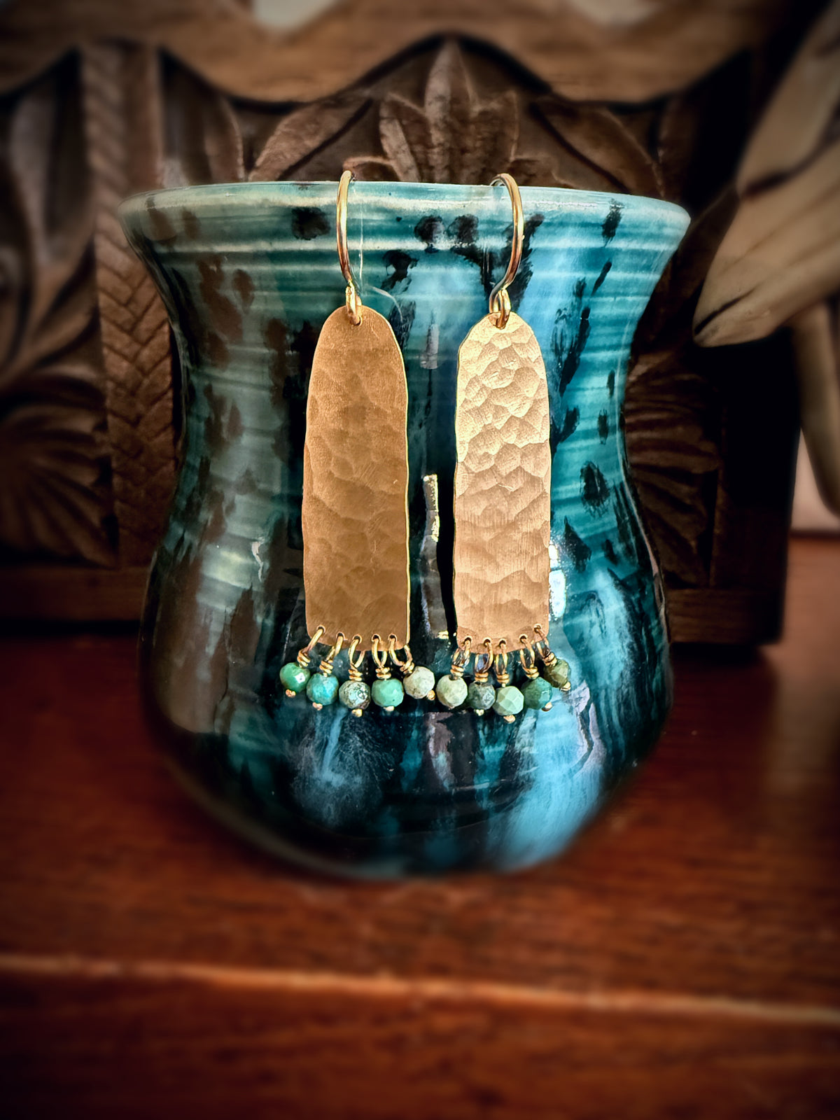 Brass Arch Earrings with Turquoise Beads and 14k Gold Fill Earwires