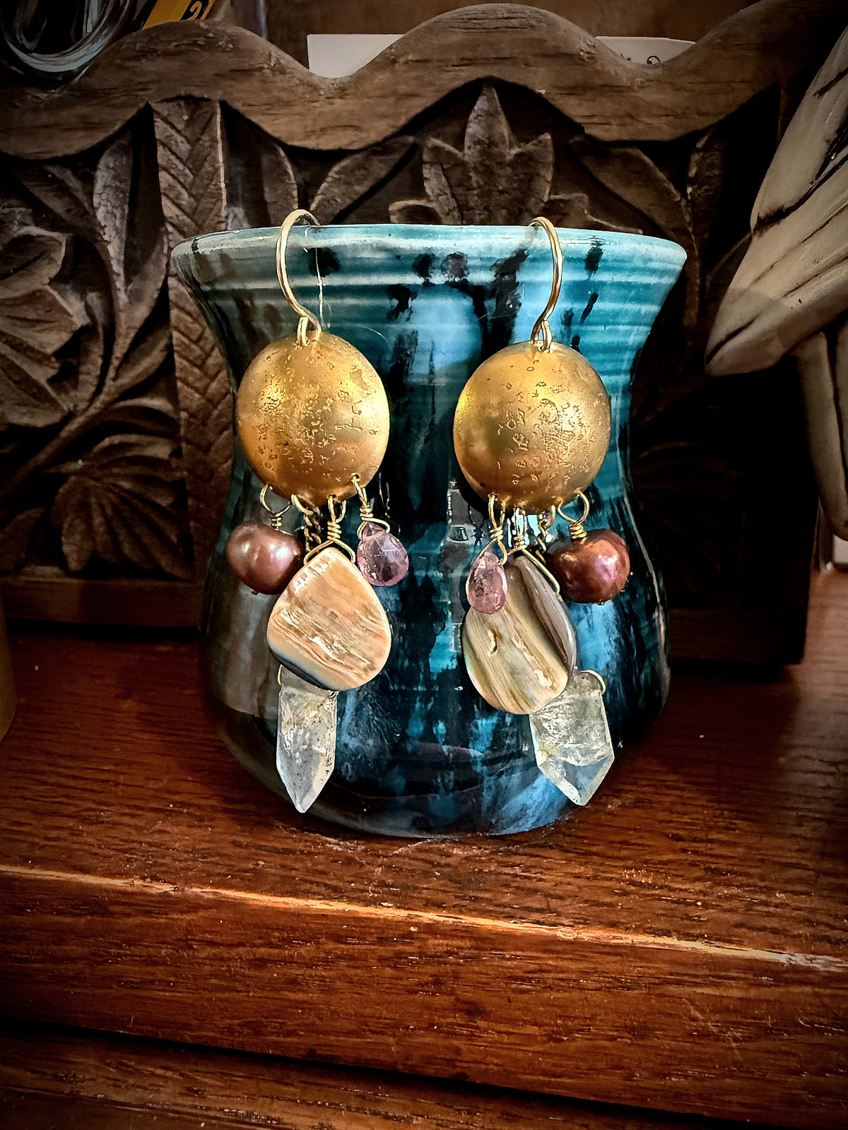 Mystical Moon Earrings with Moss Aquamarine, Abalone, Pearls, Garnet and 14k Gold Fill Ear Wires