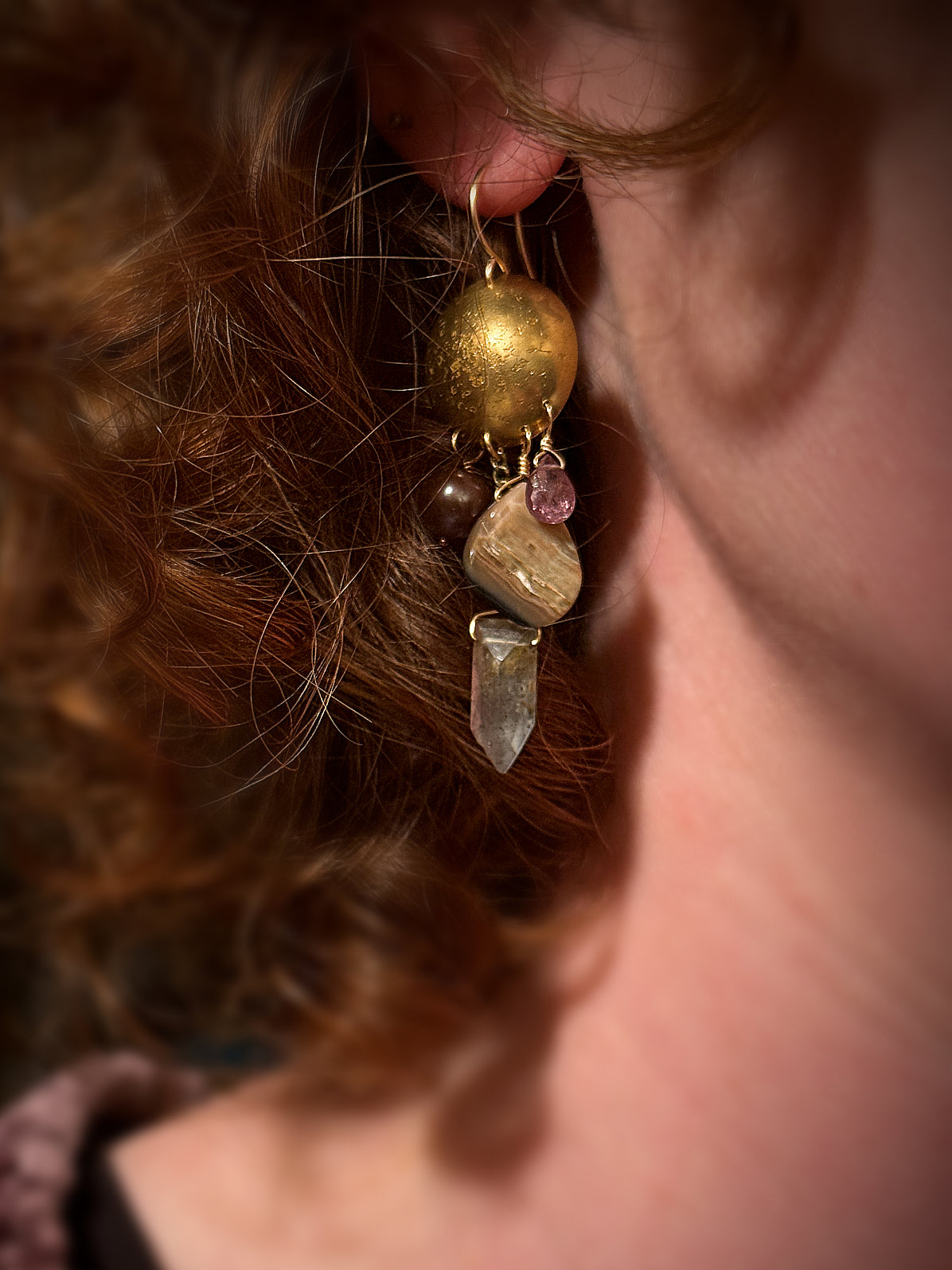 Mystical Moon Earrings with Moss Aquamarine, Abalone, Pearls, Garnet and 14k Gold Fill Ear Wires