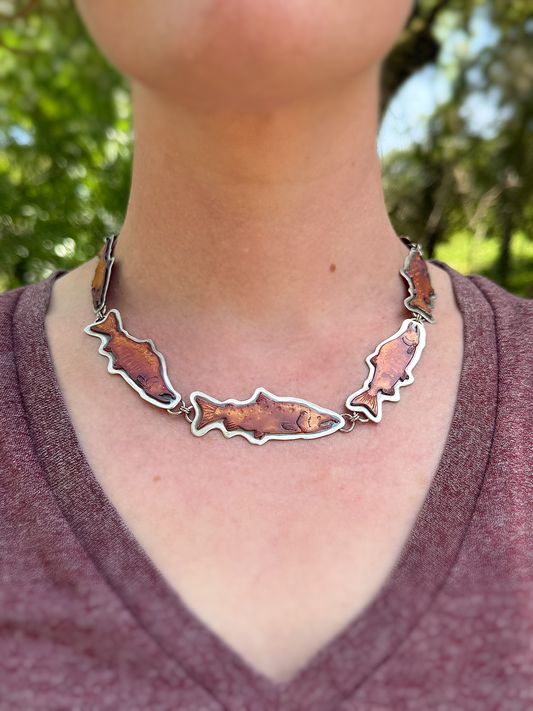 "Follow me Home" | Salmon Necklace Hand Fabricated in Copper, Silver, Carnelian and Brass