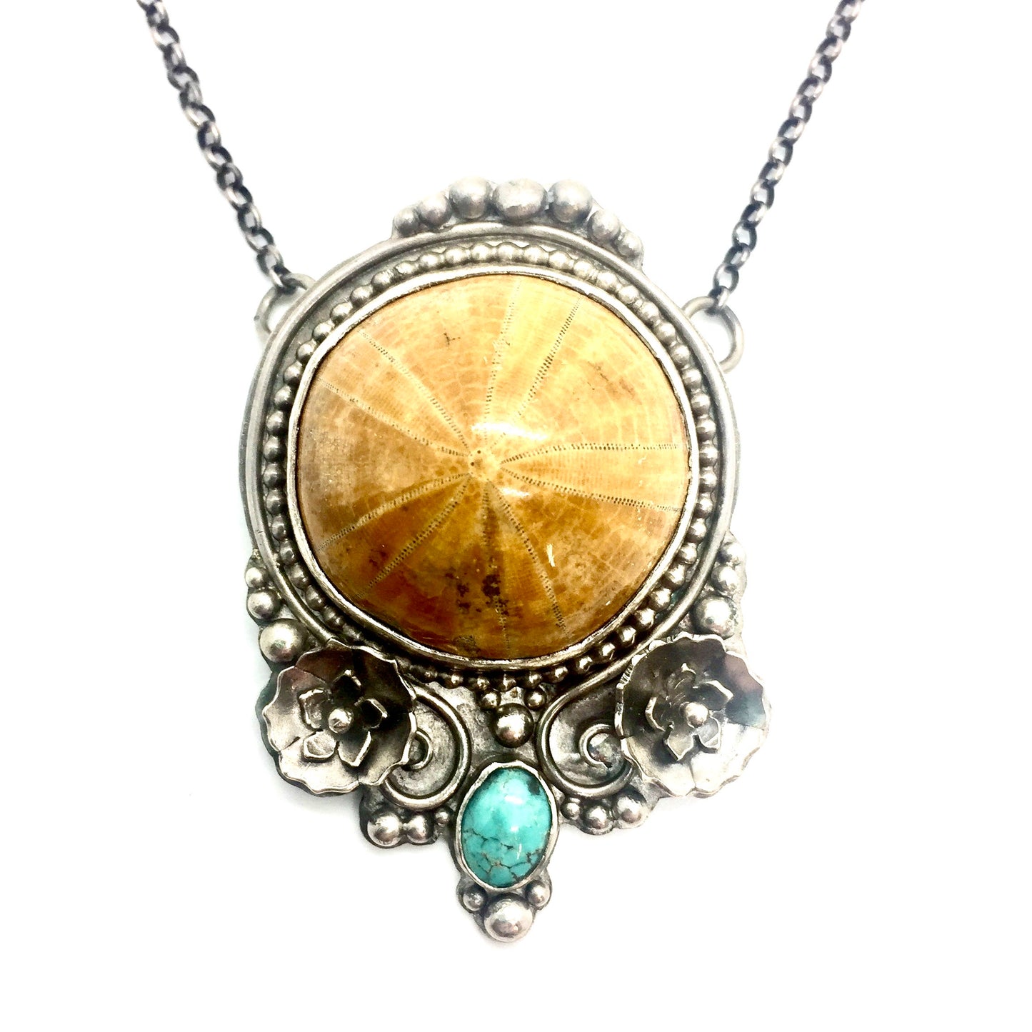 Fossilized Sea Urchin & Turquoise Flower Necklace in Sterling Silver