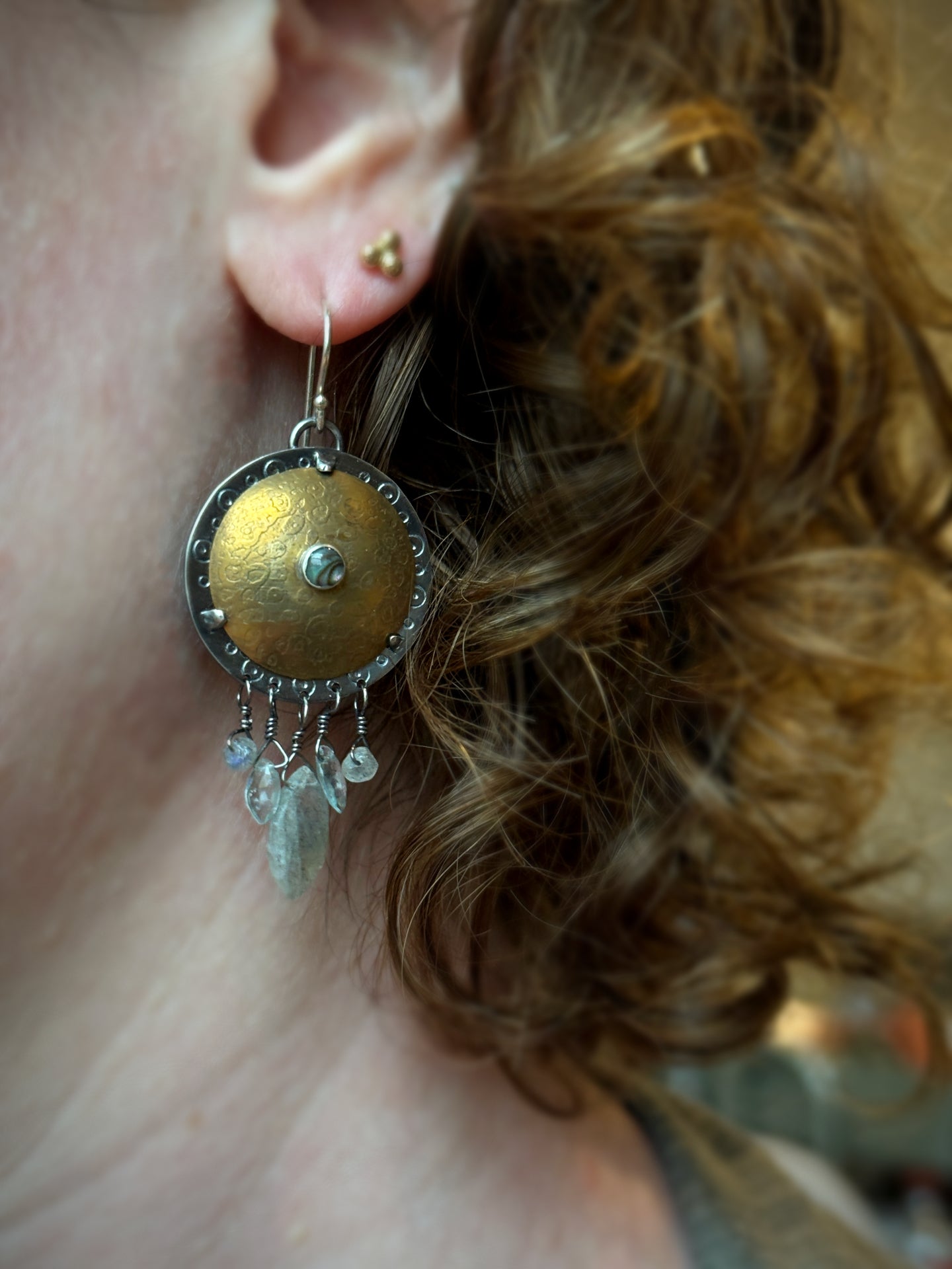 Brass Shield Earrings with Abalone, Labradorite and Moss Aquamarine