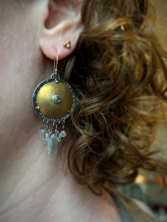 Brass Shield Earrings with Abalone, Labradorite and Moss Aquamarine