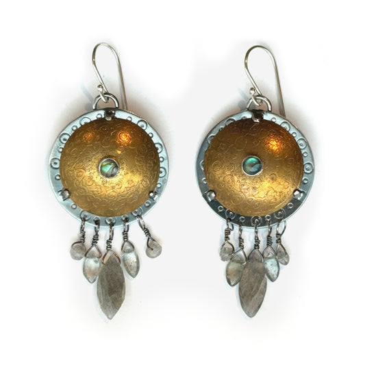 Brass Shield Earrings with Abalone, Labradorite and Moss Aquamarine