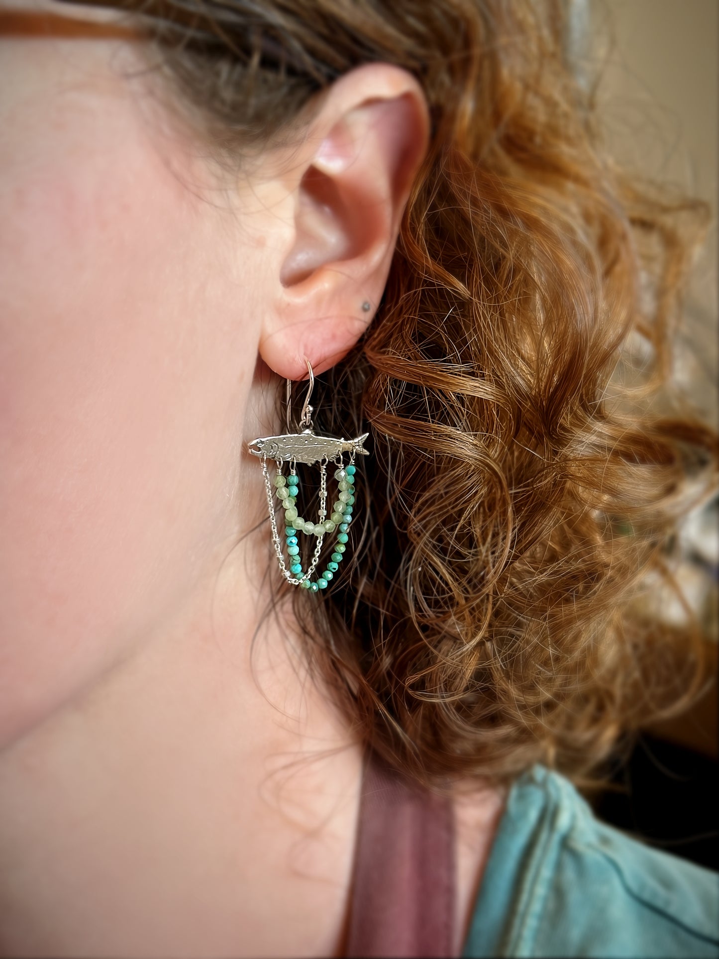 Silver Salmon Earrings with Turquoise Beads