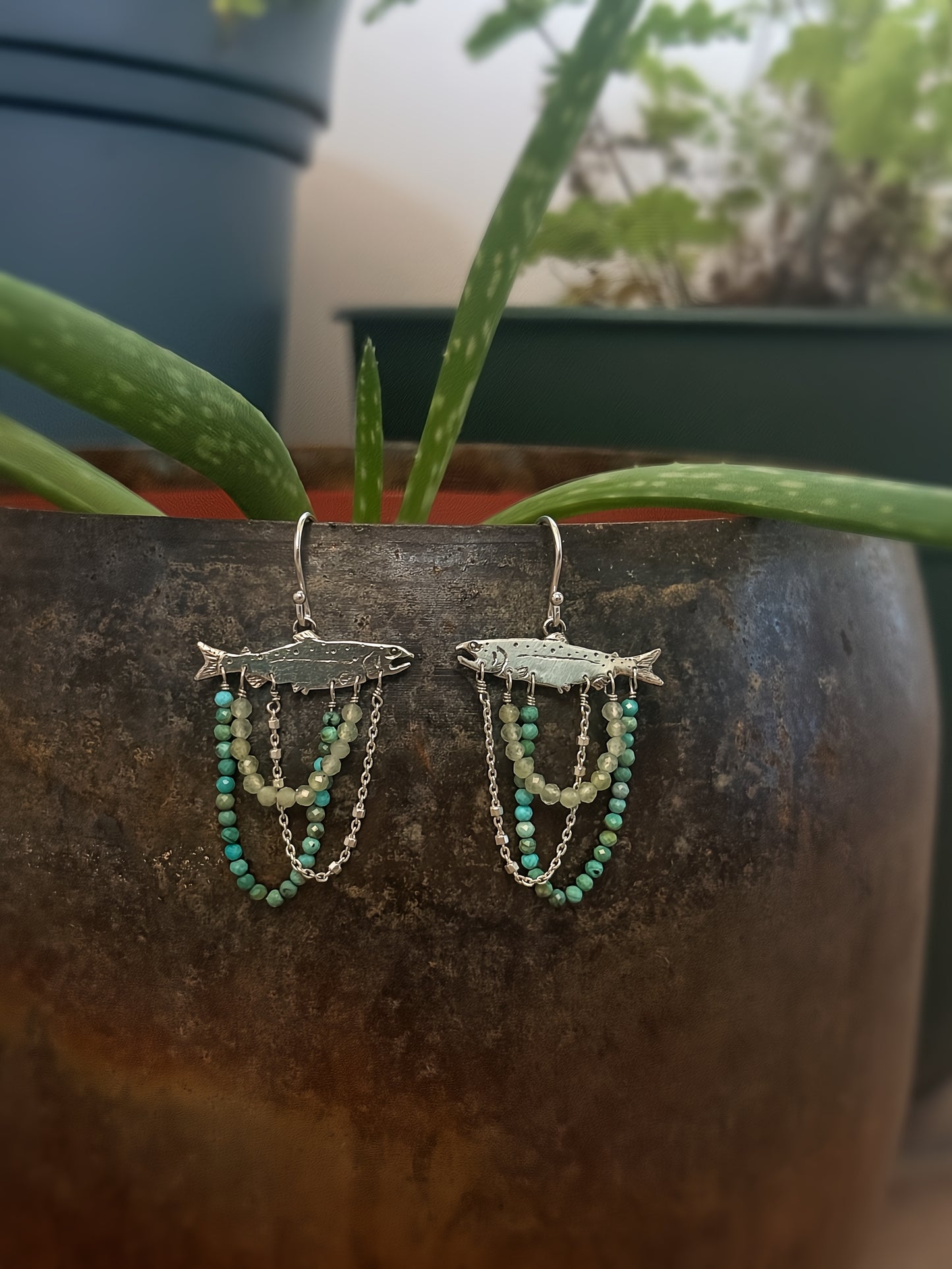 Silver Salmon Earrings with Turquoise Beads