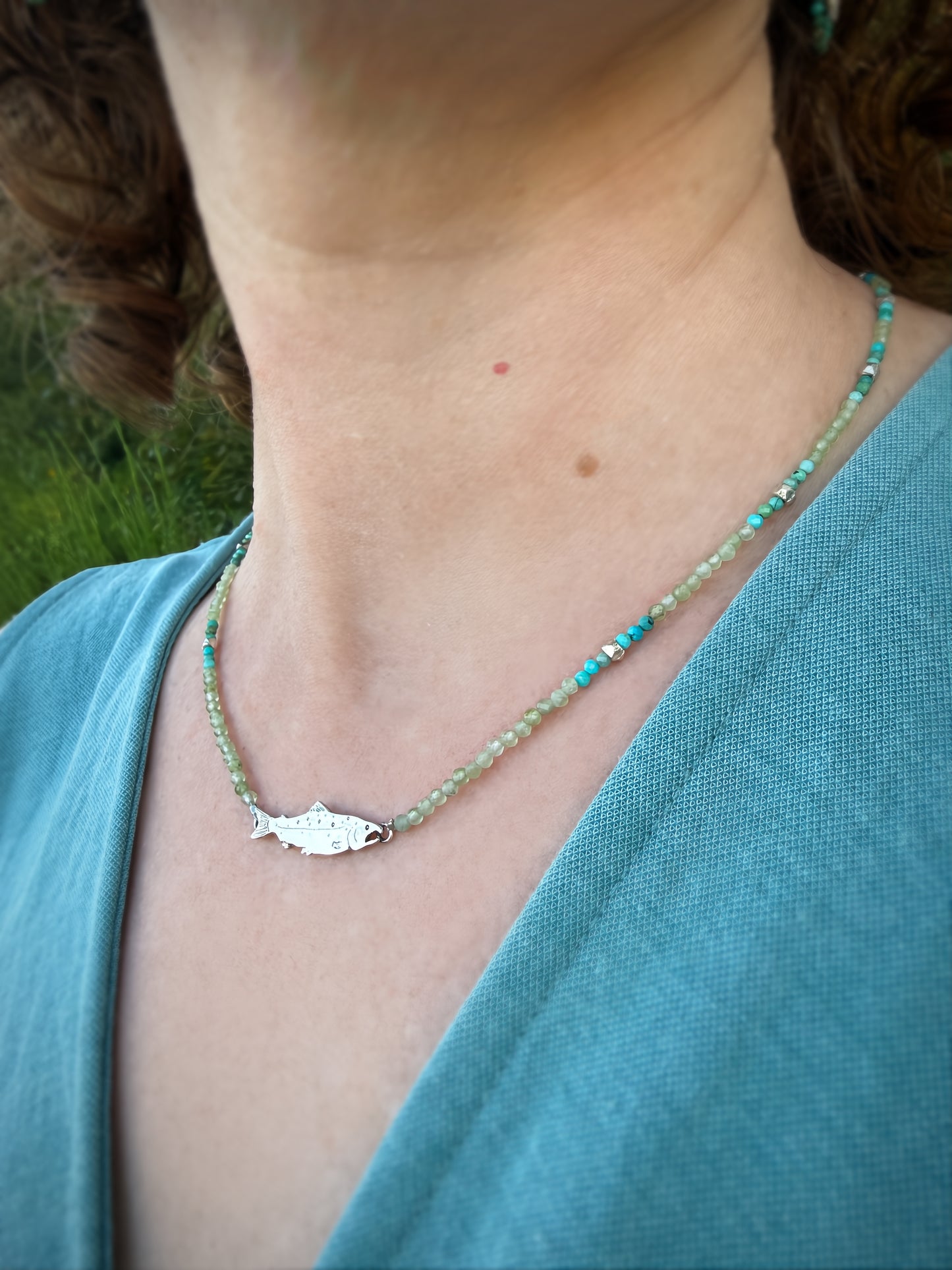 Salmon Necklace in Sterling Silver with Turquoise Beads