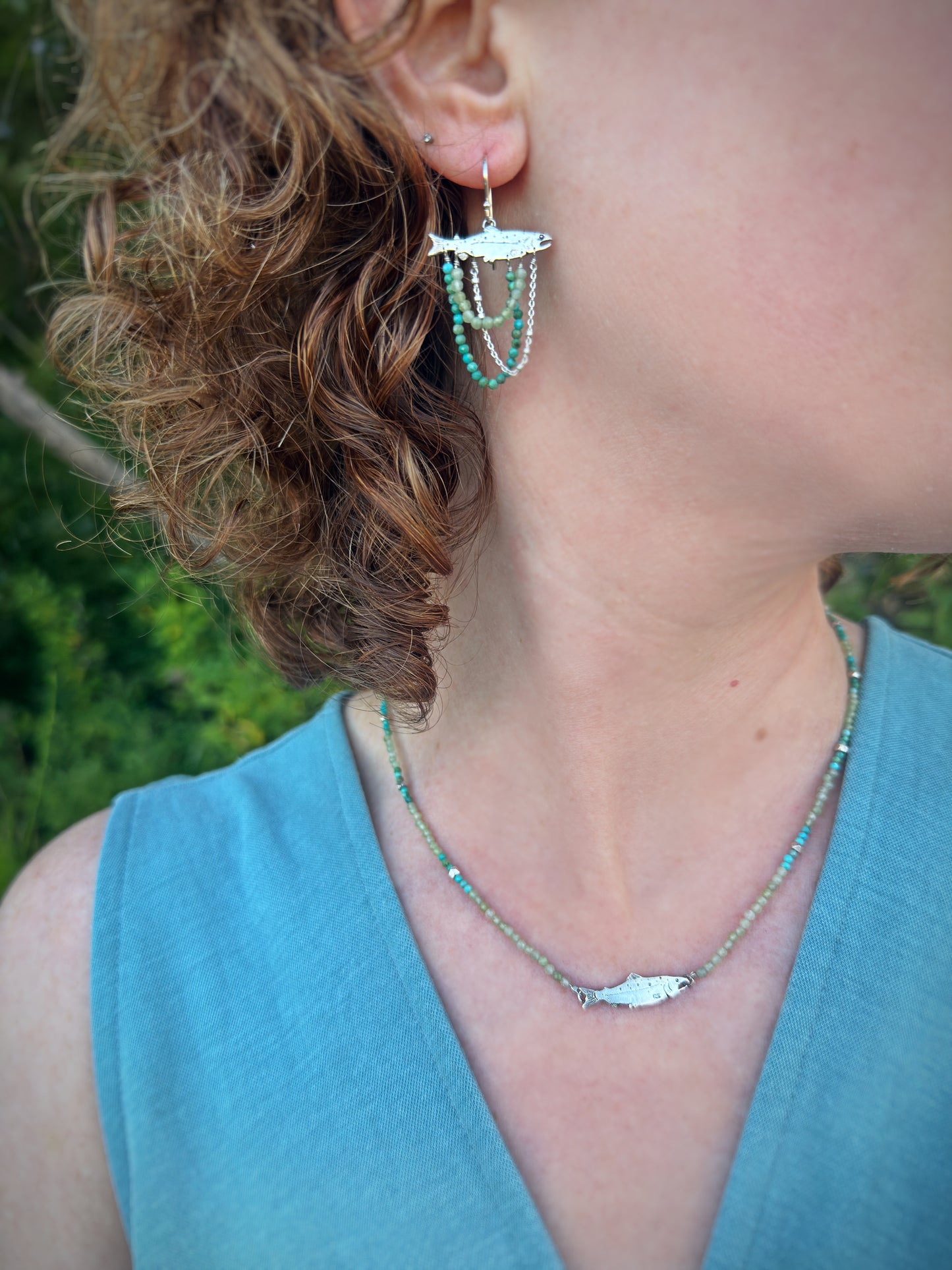 Silver Salmon Earrings with Turquoise Beads