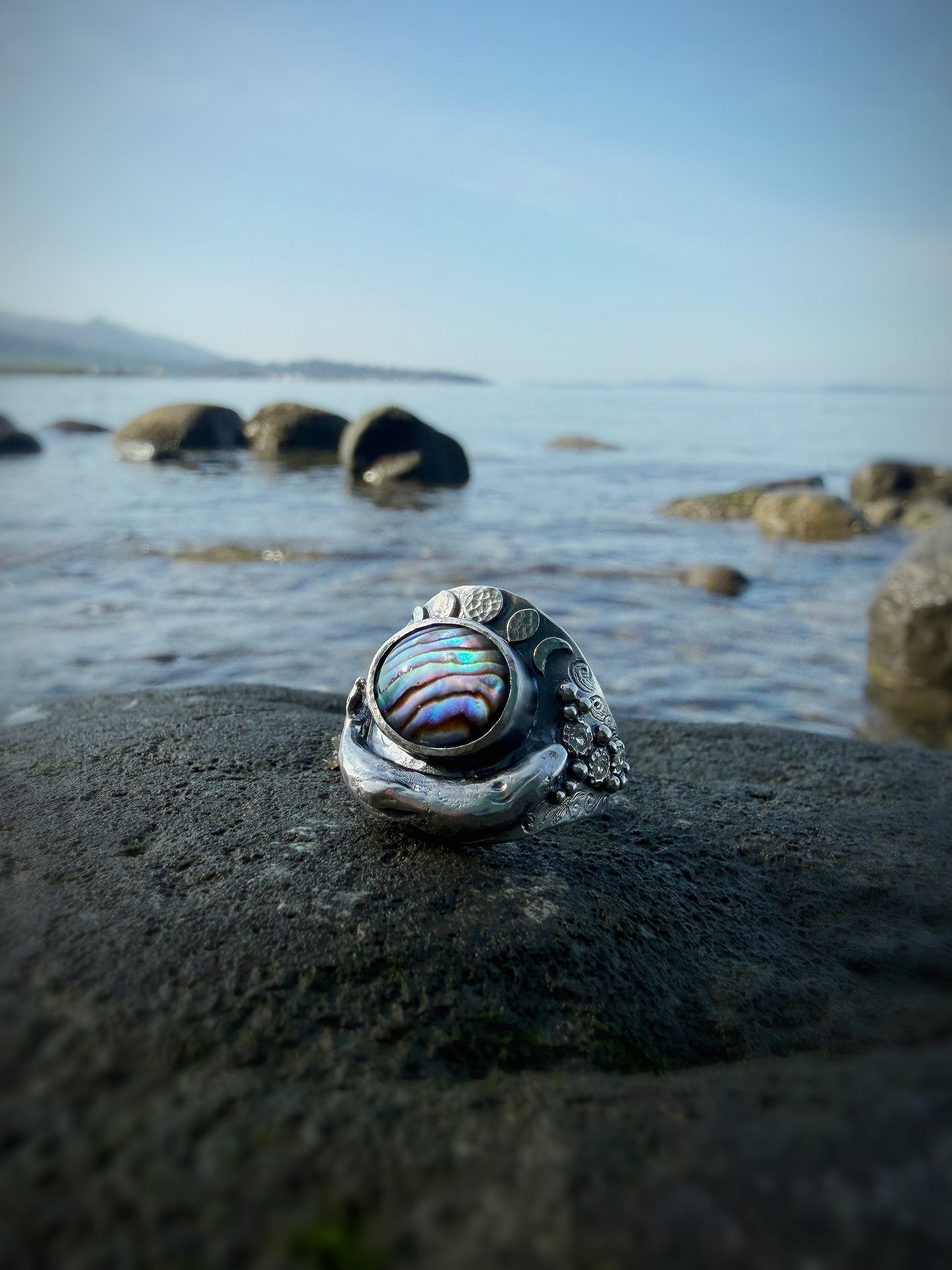 Grey Whale Ring with Abalone and Sapphire | Size 8