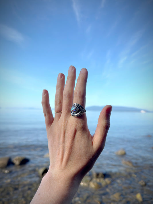 Grey Whale Ring with Abalone and Sapphire | Size 8