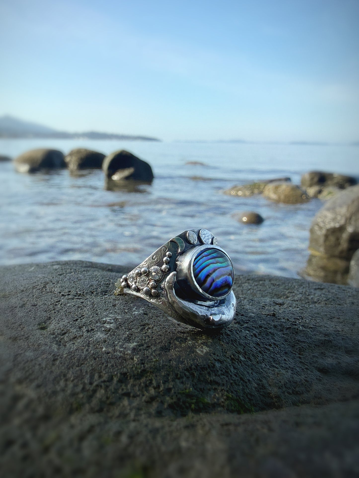 Grey Whale Ring with Abalone and Sapphire | Size 8