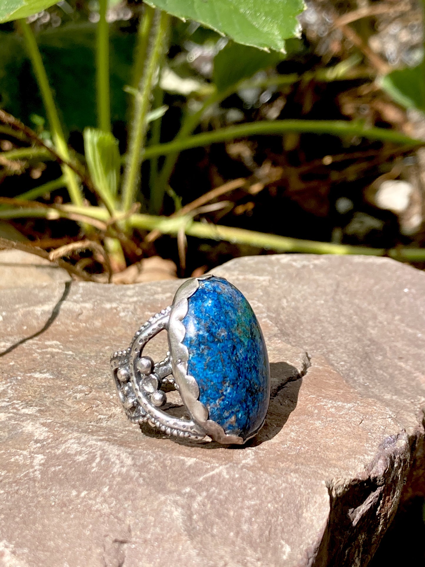 Algae Cell Ring with Chrysocolla Azurite in Sterling Silver, Size 6.5