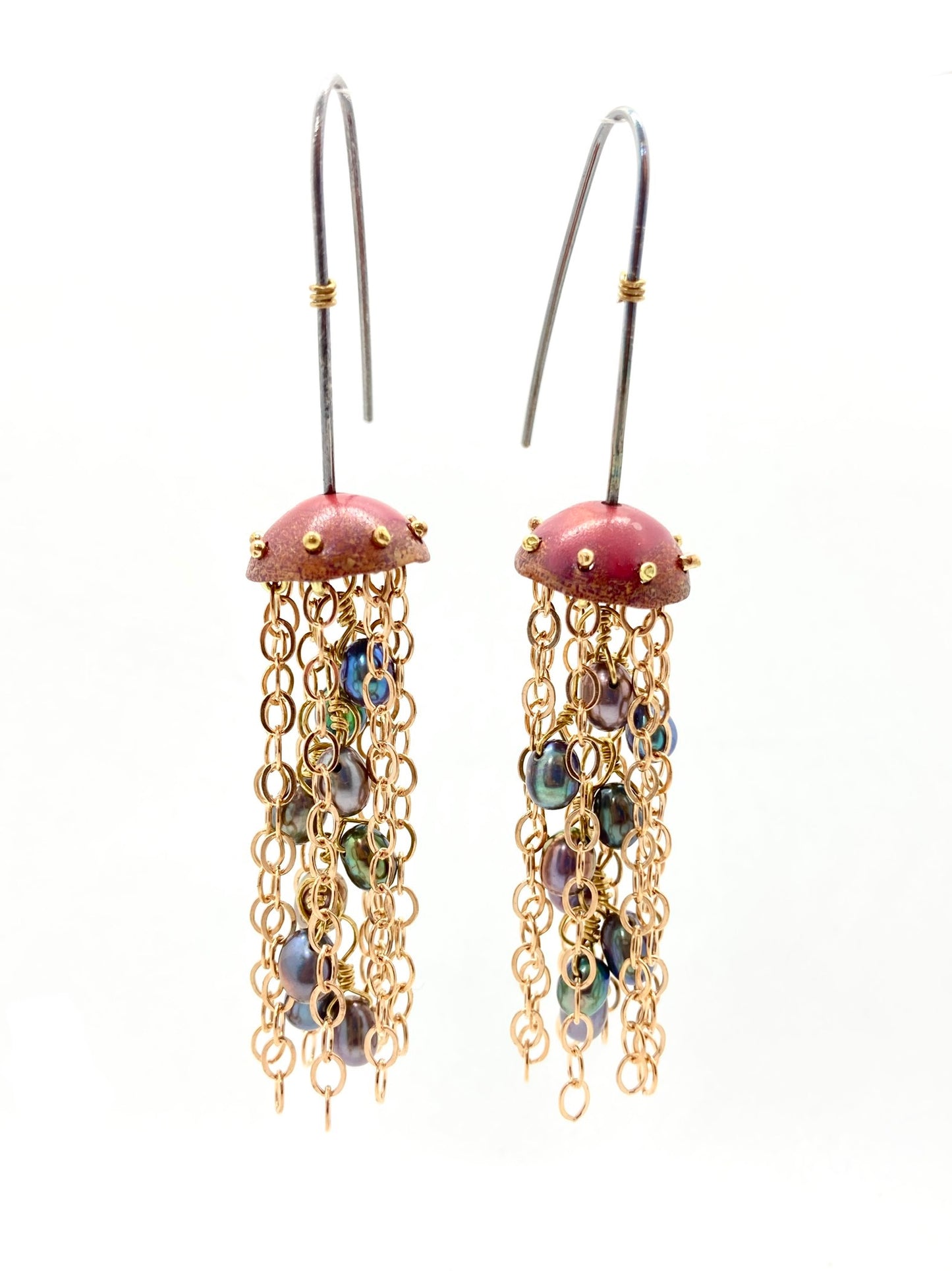 Red Copper Jellyfish Chain Earrings with Pearls and Sterling Silver Earwires