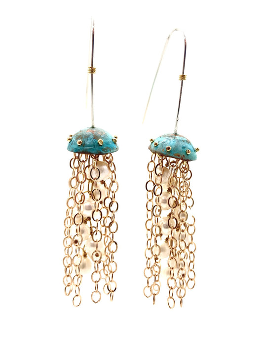 Green Copper Jellyfish Chain Earrings with Pearls and Sterling Silver Earwires