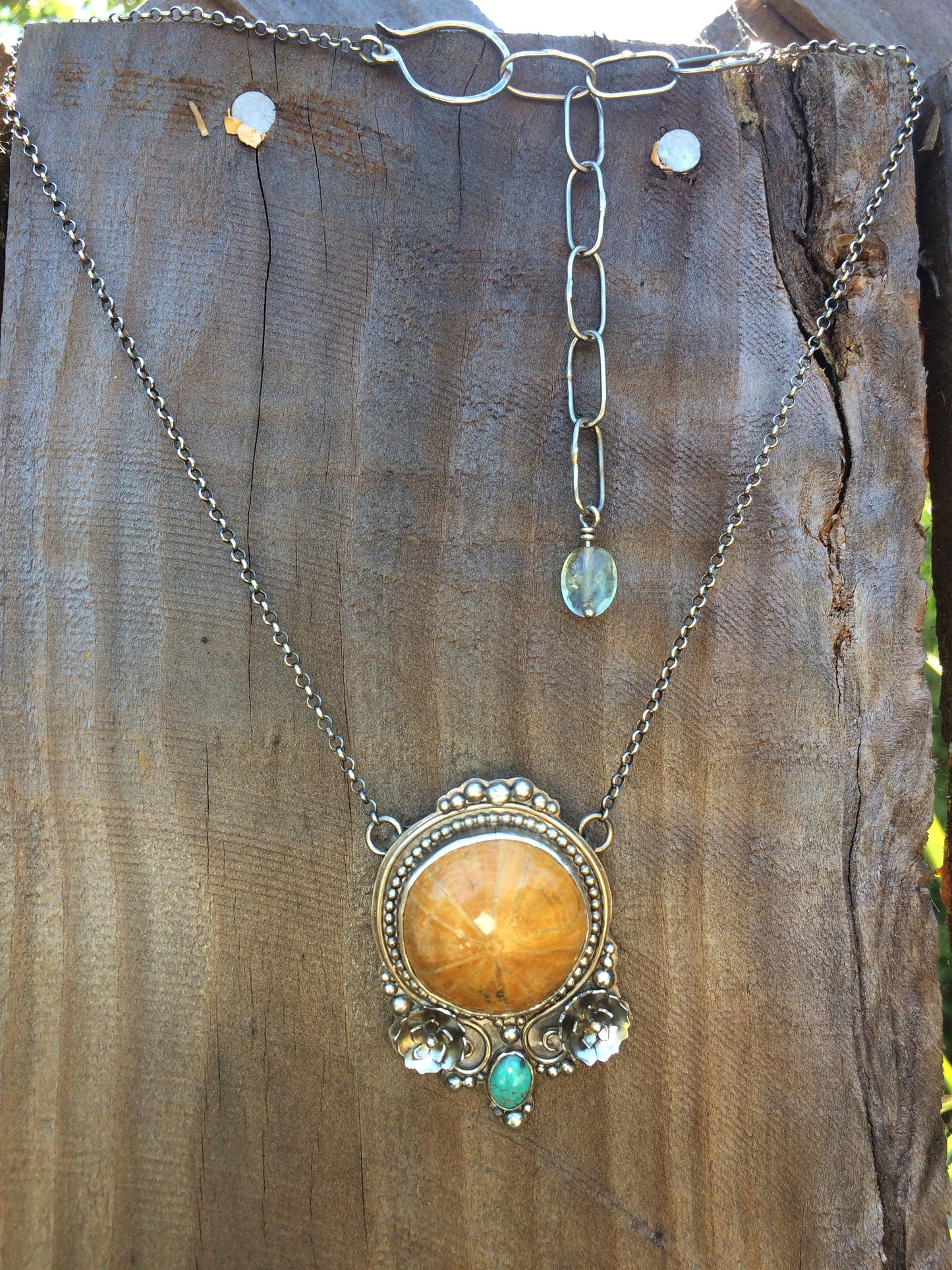 Fossilized Sea Urchin & Turquoise Flower Necklace in Sterling Silver