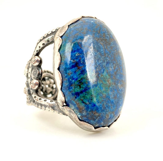 Algae Cell Ring with Chrysocolla Azurite in Sterling Silver, Size 6.5