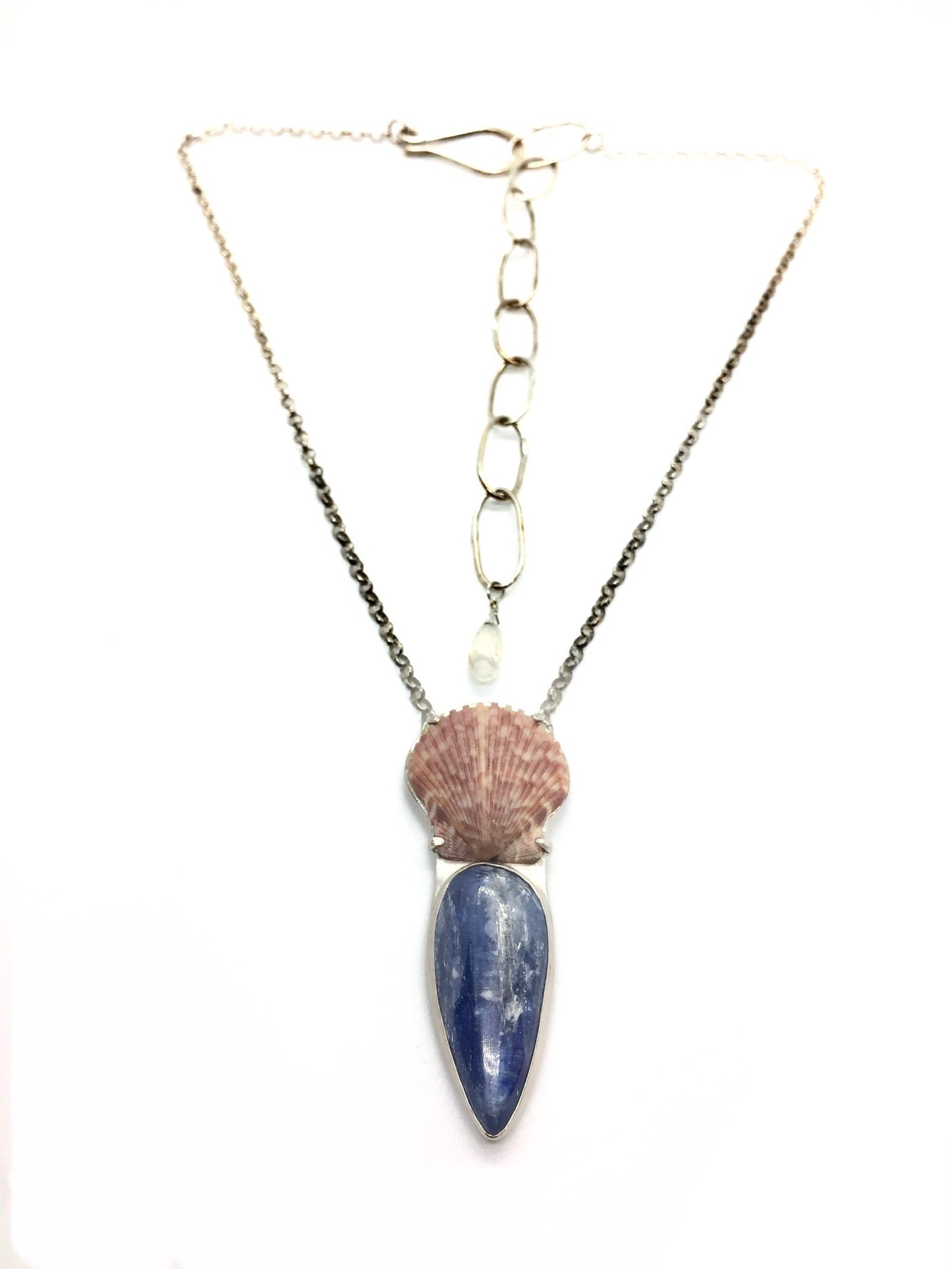 Kyanite & Scallop Shell Necklace in Sterling Silver with Moonstone Chain Accent